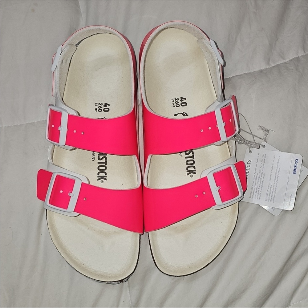 Birkenstock Womens Vegan Sandals L9-M7 40 Hot Pink & White Nwts - Picture 13 of 14